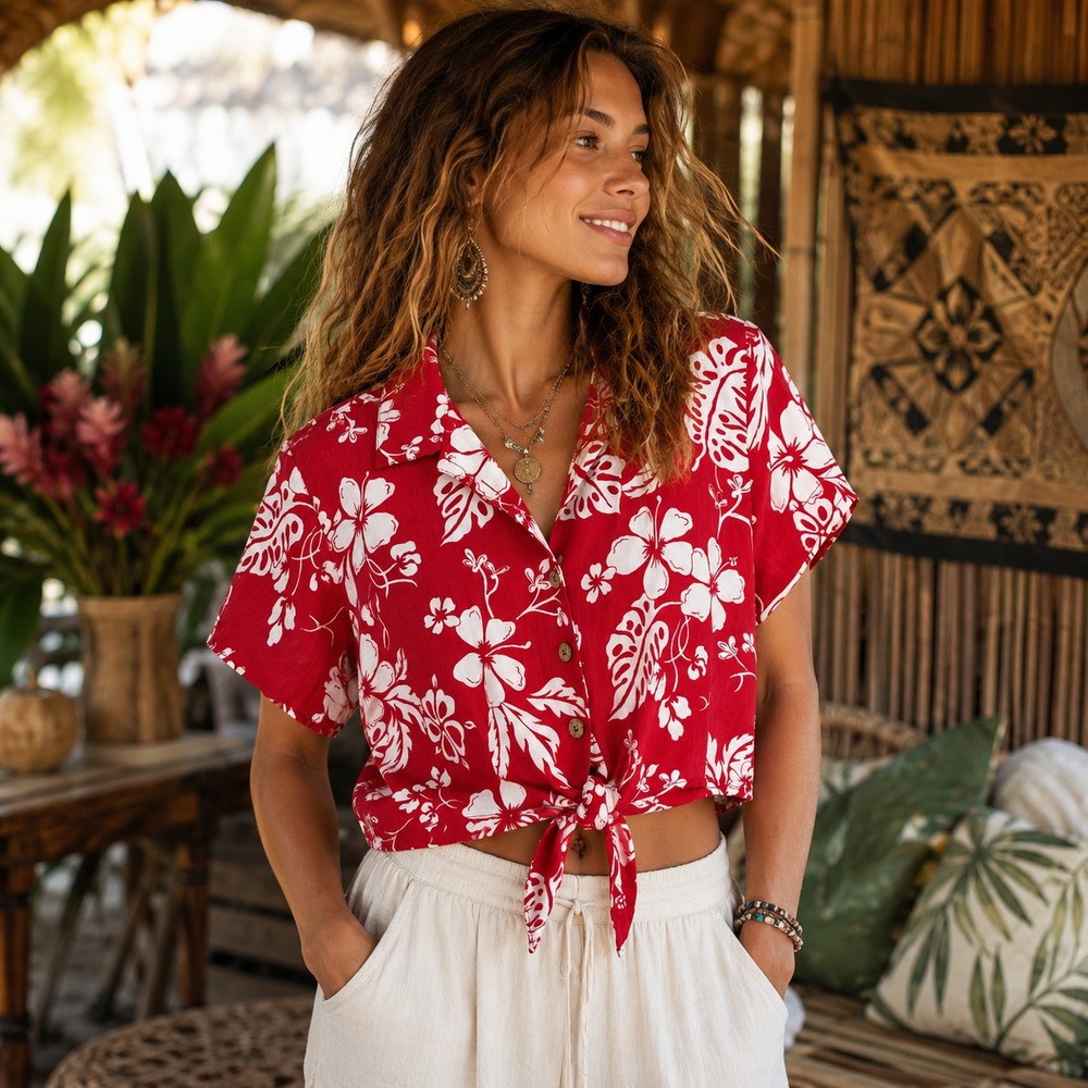 Sunset Cove Tie Front Button Up Top Women's Sz PXL Red/White  Hawaiian Tropical
